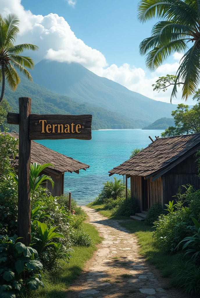 Village from Very ancient Ternate island, Maluku, Indonesia, bay, there is a signpost that says "TERNATE", there is no peoples, hyper realistic, UHD, 64K