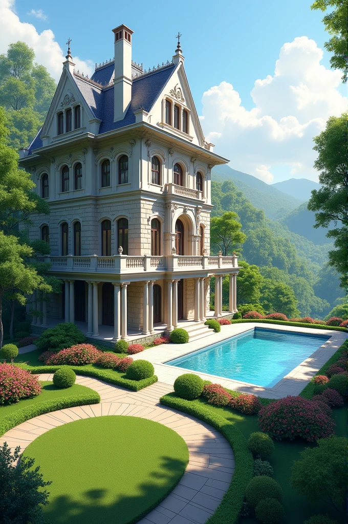 Made a house with a three floor with a park and make a swiming pool in background