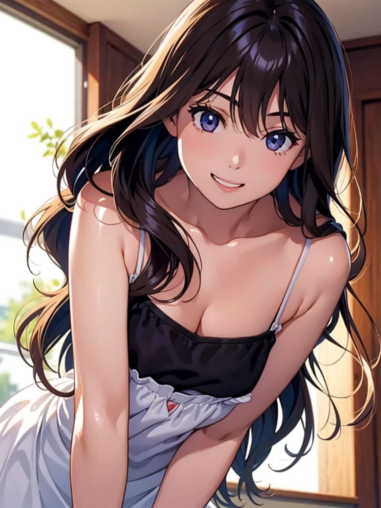 Girl, cute, lovely, from chest to head, smiling, straight hair, long hair, black hair, bedroom, morning, sunny, from below, looking down at us, camisole, looking at the camera, leaning forward, peeking