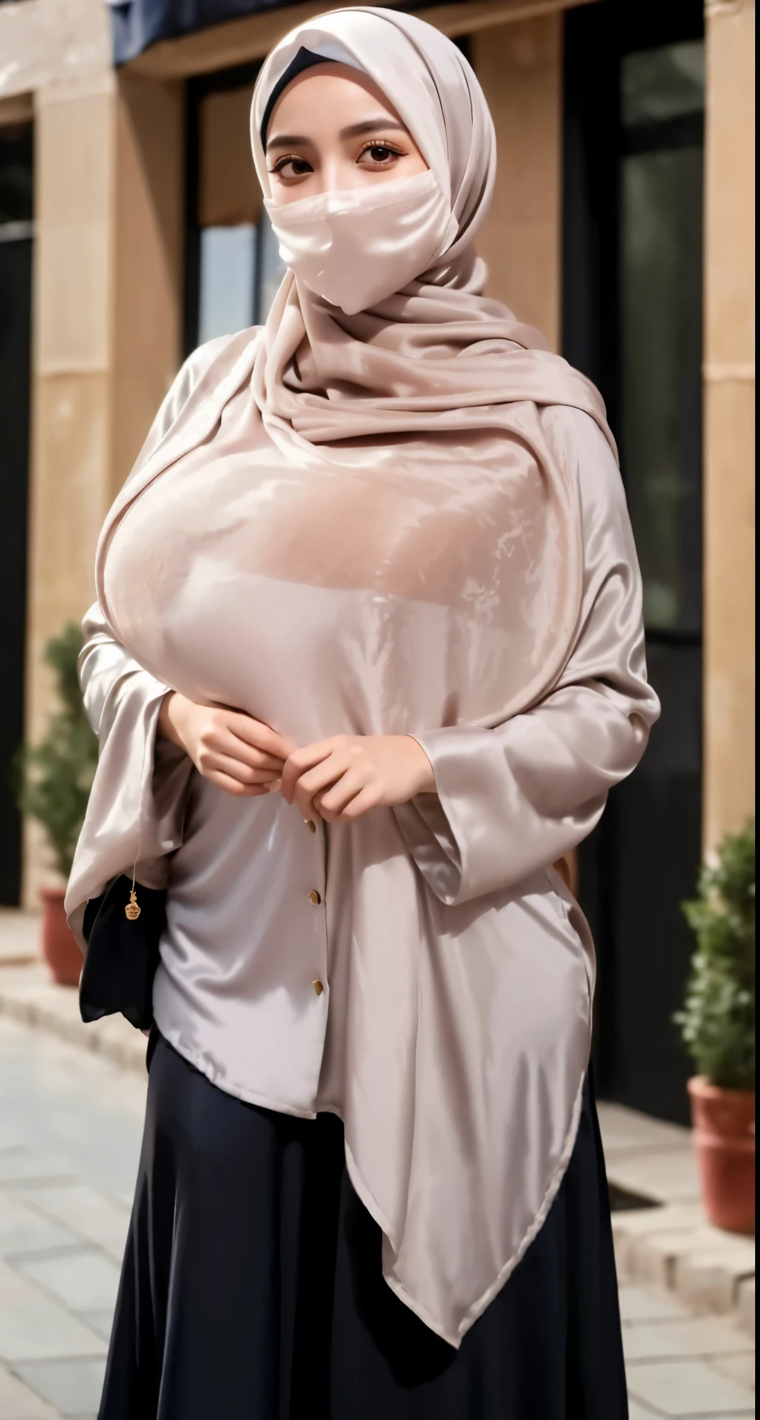RAW photo of a 2 girl wearing hijab, satin abaya, satin, hijab face portrait, ((Cappadocia Turkey air balloon background)), 8k uhd, dslr, soft lighting, high quality, film grain, Fujifilm XT3, covered dress, decent dress, Giganitic tits 1:5, big breast