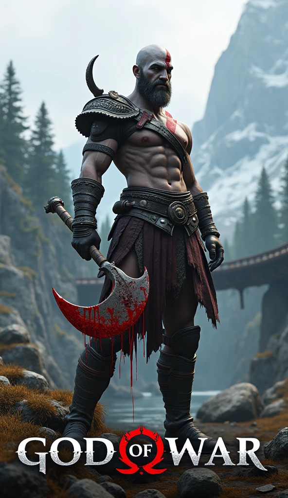 A 3D render of a God of War gameplay live session thumbnail. ATHENA is in the foreground, Athena Gods of War, medium shot, holding his axe high in the air. The axe has blood dripping from it. The background reveals a Nordic landscape with mountains, trees, and a bridge. The text "God of War gameplay live full" is placed at the bottom.
