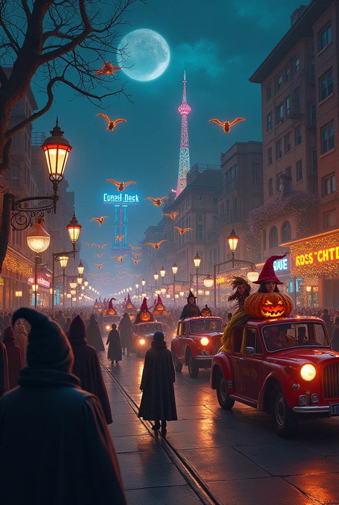 The Carnival of Souls Concept: A night parade with witches, wizards, souls in torment and demons, all in a dark carnival. Cars decorated with lights and pumpkins, and characters dressed as sweets. You could make the whole poster have a festive but spooky feel..
colors: bright oranges, black, and dark reds.