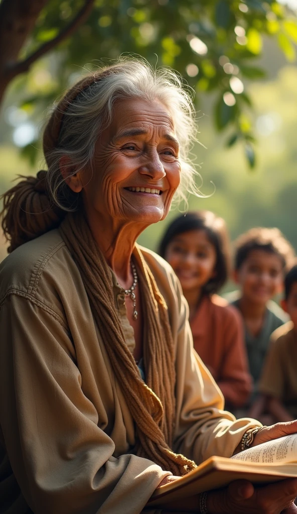 An elderly woman with a warm and kind face, dressed in simple, worn clothes that reflect her humble lifestyle. Her eyes sparkle with joy, and her smile is infectious, radiating happiness and contentment. She sits under a tree, surrounded by children, sharing stories and laughter. Despite her poverty, she exudes an aura of inner peace and fulfillment.