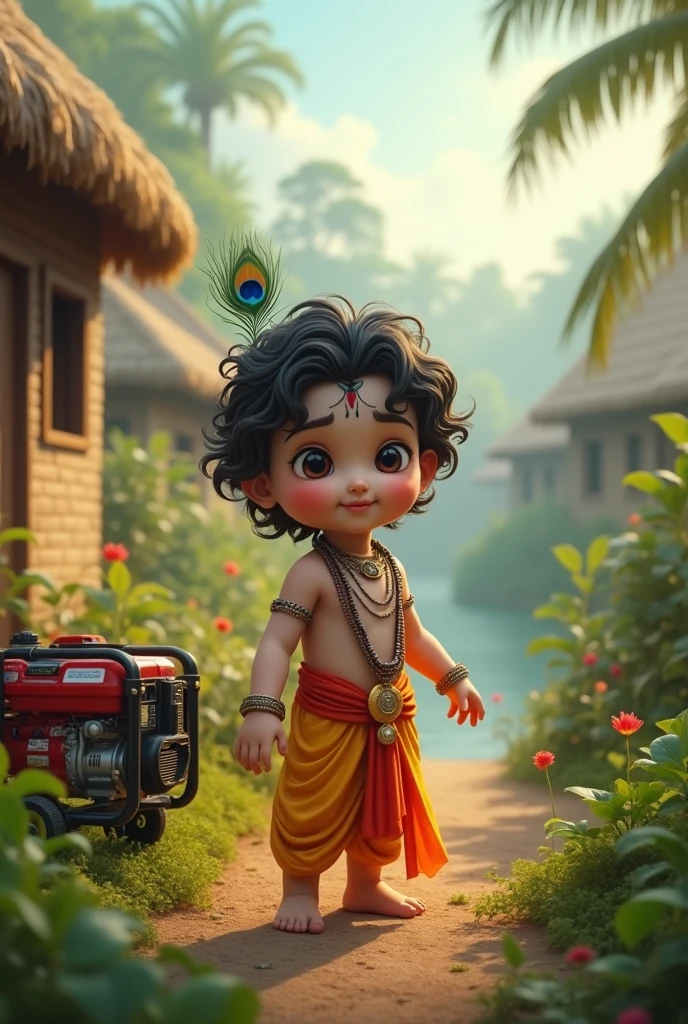 Create an image of cute lord Sri Krishna as a kid with peacock feather on his head and village background and diesel generator along side for diesel generator commercial