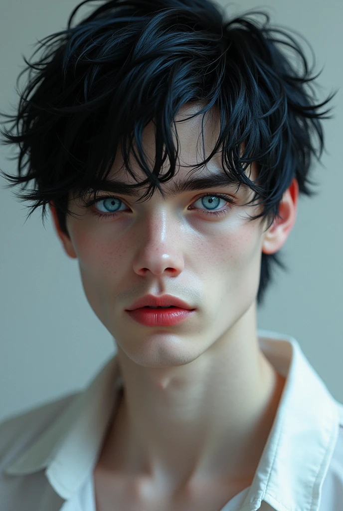 Young man, skin as white as snow, raven black hair, deep blue eyes, big red lips, defined jaw, slightly highlighted cheekbones, defined body 