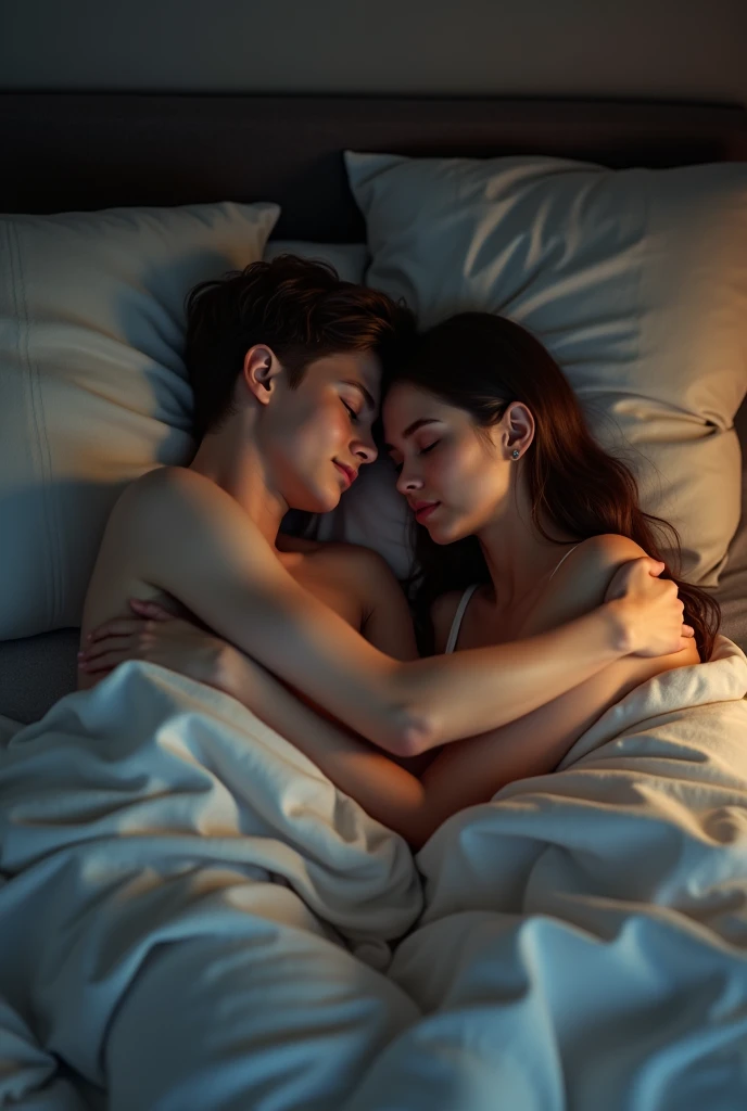 creating dynamic poses and long angle shots, um casal sleeping em uma cama grande,a man lying relaxed with his eyes closed, Yaman pode, 20 year, long brown hair with bun, strong square chin, defined chin, thin moustache, strong muscular physique, tattooed arm and hand, wearing no shirt, him&#39;is just wearing white boxer briefs with a big penis. Do lado dhim está sleeping uma jovem mulher, 20 year, Kennedy Walsh, phim branca delicada, freckles, very long silky brown hair with bangs, a usar um sweatshirt branco largo, covered with blanket, hugging him a little. Next to her is a  boy, sleeping, he's blond, off white, wear warm clothes to sleep and blankets too. Eles estão sleeping em uma cama branca grande em um quarto moderno escuro a noite com vidraças mostrando a neve caindo