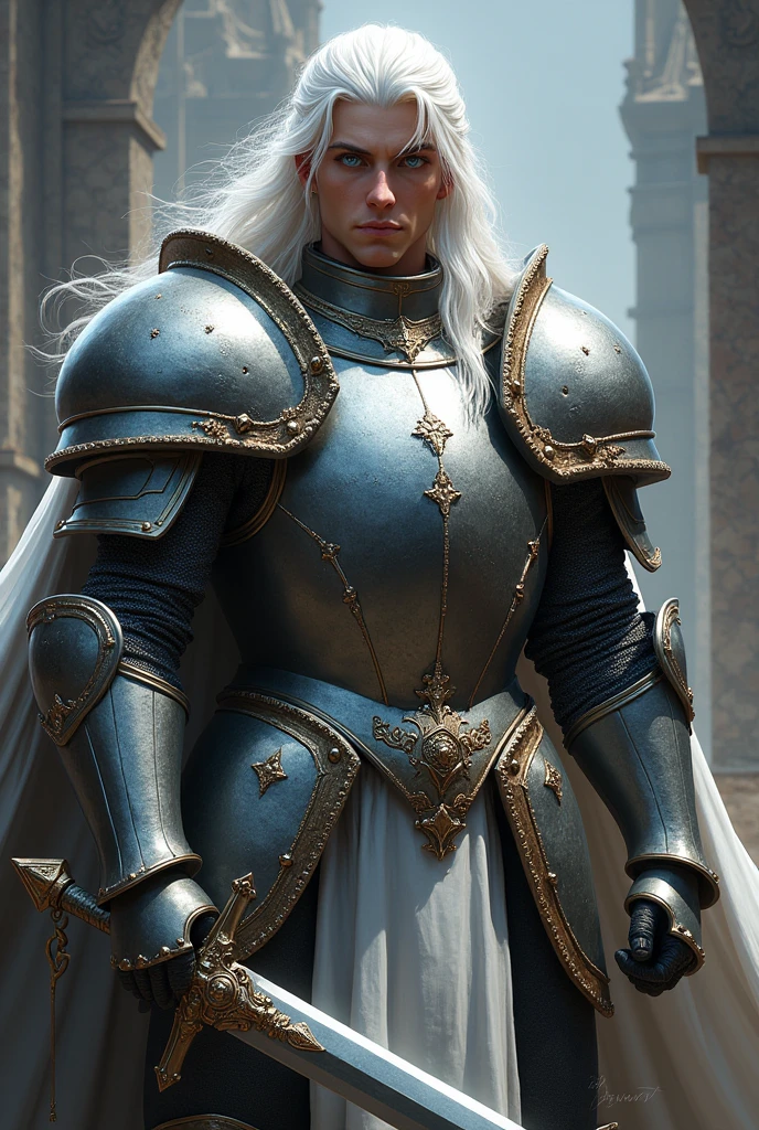 A white knight with long hair, Wearing heavy armor, with blue eyes and holding a long sword.