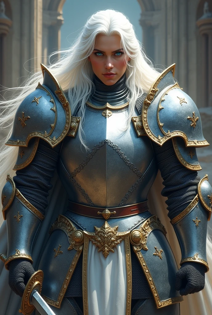 A white knight with long hair, Wearing heavy armor, with blue eyes and holding a long sword.