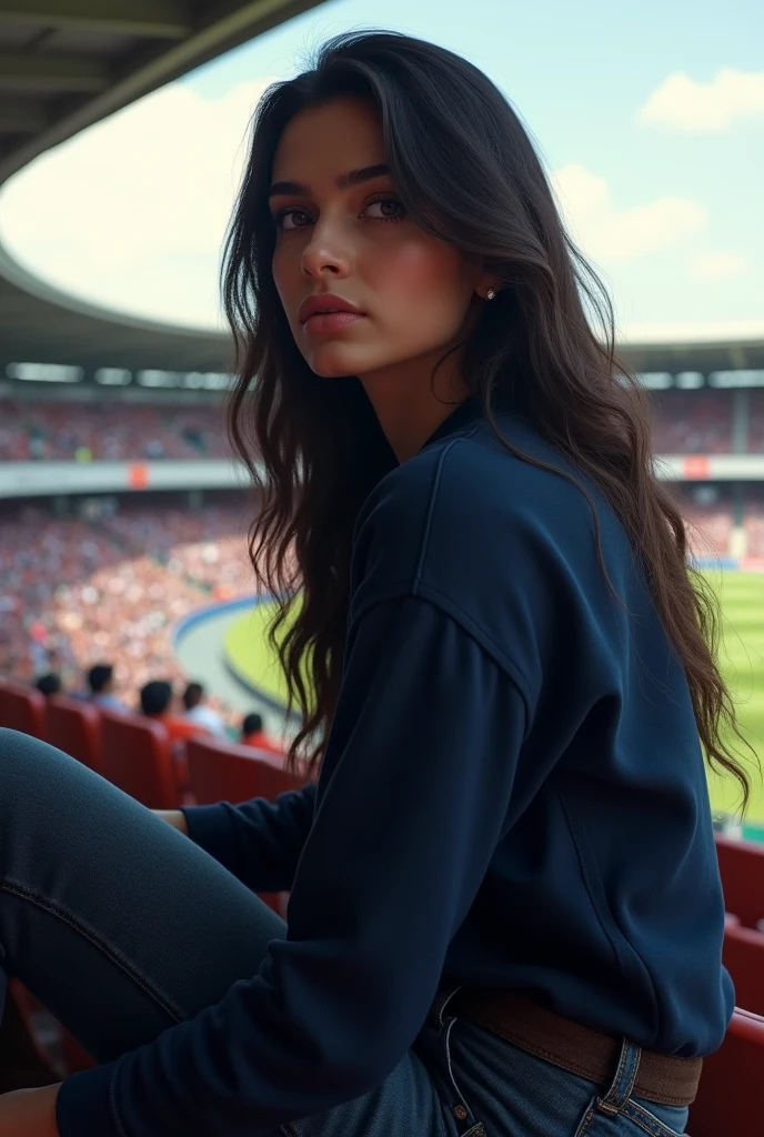 Mia khalifa face kartina kaif lips deepika height sai pallavi hair wearing dark blue pullover black and denim jeans sports shoe watching cricket match in stadium 