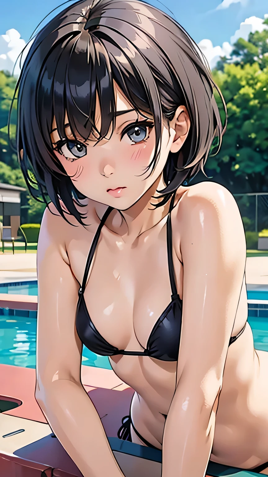 Highest quality、Realistic、、Japanese、zoom、Primary school students、cute、Grey Eyes、Black Hair、short hair、Pink Bikini、Bust Shot、thin、Small breasts、Pouting、Pool