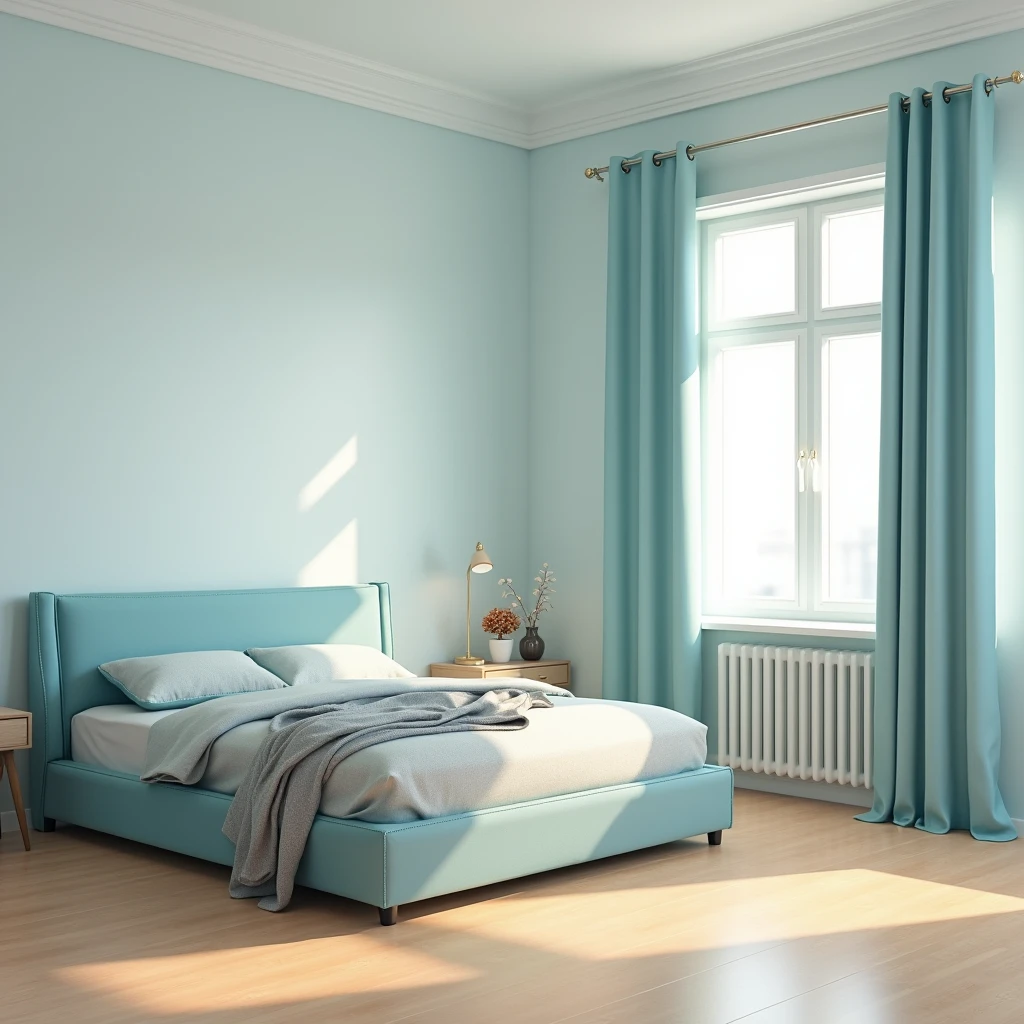 The bed is sky blue, The blanket is gray, The curtains are sky blue, The floor is light brown, There is a desk next to me..