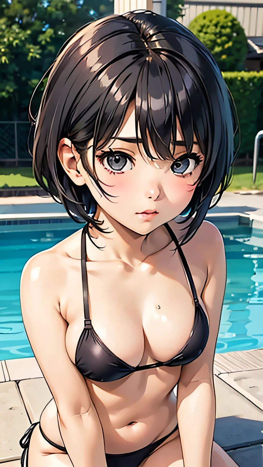 Highest quality、Realistic、、Japanese、zoom、Primary school students、cute、Grey Eyes、Black Hair、short hair、Pink Bikini、Bust Shot、thin、Small breasts、Pouting、Pool