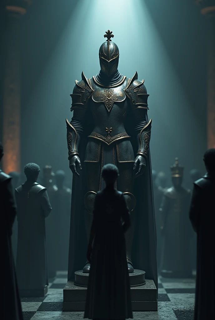 I want an image with a chess knight and in front of it is its queen and all around it is dark