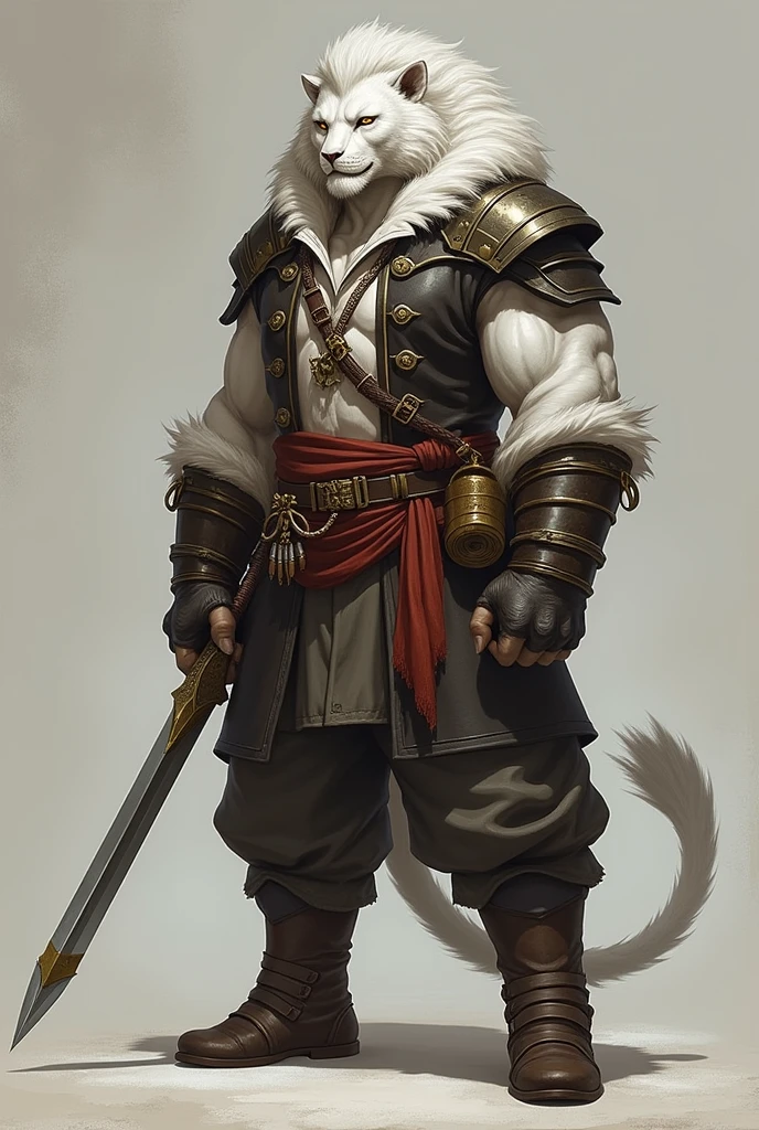 Description of Ezeros De'Leon:
Breed and General Appearance: Moreau Lion with human characteristics. White and muscular skin, with an imposing posture that reflects his fighting nature. Its size is medium, but its presence is remarkable.
Face and head: He has a handsome, manly face., with a captivating smile that mixes charm and confidence. His eyes are golden, with a sharp and penetrating gaze. Lion's ears are visible above the head, with short, well-groomed hair.
Her hair is obsidian black, brushed back and slightly tousled, giving an air of indomitable.
badass clothing: Ezeros is dressed in pirate clothes adapted for battle. Wear a long-sleeved shirt made of durable fabric., open in the chest, revealing a defined chest. The shirt is complemented by a reinforced leather vest, with gold details that add a touch of sophistication. He wears baggy, sturdy pants, with belts and buckles that support your weapons and equipment. The boots are tall and made of dark leather., designed to withstand varied terrains.
Equipment and Accessories: Ezeros is equipped with arm guards and combat gauntlets, which are detailed and reinforced to maximize their mobility and combat effectiveness. He carries a long, well-forged sword at his waist., with an elaborate grip that reflects the pirate style. Em seu cinto, there is also a small bag of tools and potions, ready for any battle situation.
Posture and Expression: He's in a combat posture, with one foot forward and arms slightly raised, ready to attack or defend. Your expression is confident and determined, with a gleam in his eyes that conveys the feeling of an experienced and fearless fighter.
This description should help create a clear visual image of Ezeros De'Leon, highlighting both his imposing appearance and his pirate and fighter characteristics. If you need more details or adjustments, just let me know!