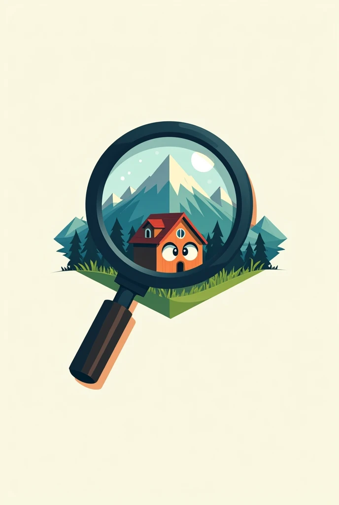 Logo for "Mountain Peek" with magnifying glass, and a house inside with eyes and a mountain background. Vector-like logo