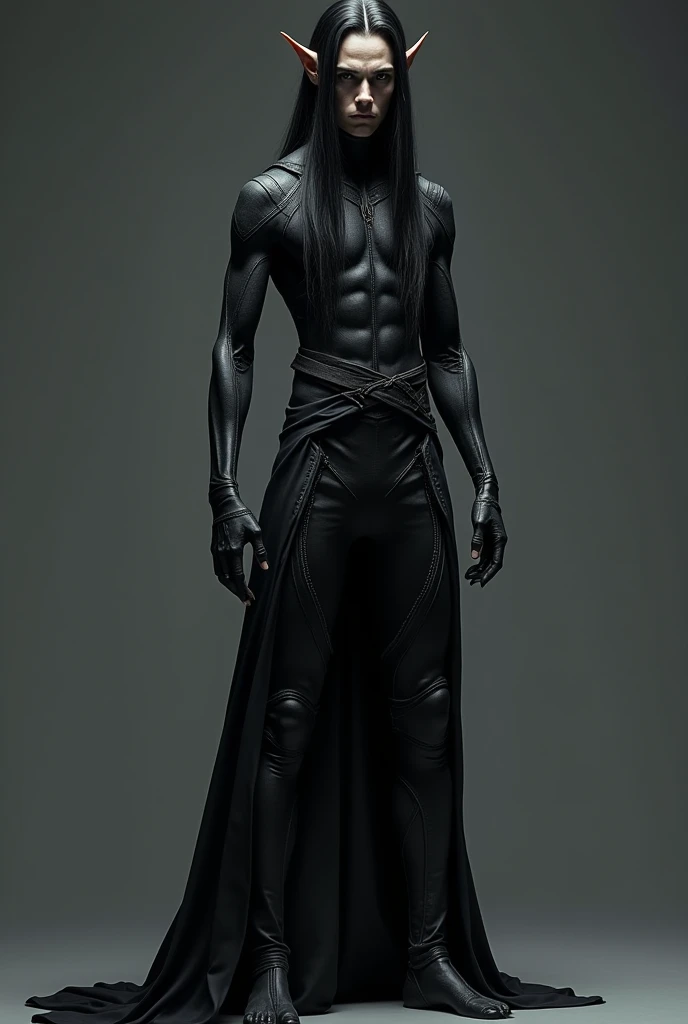 A tall young warrior man alien character,
with skin completely black as night, and elf ears with long straight black hair, wearing an all-black, body-hugging military jumpsuit