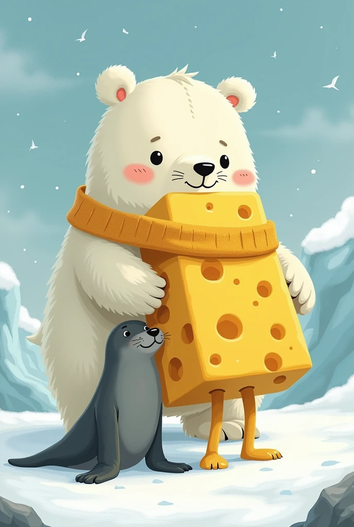 A seal is saved by a yellow cheese standing on two legs wearing a yellow scarf from a polar bear. 