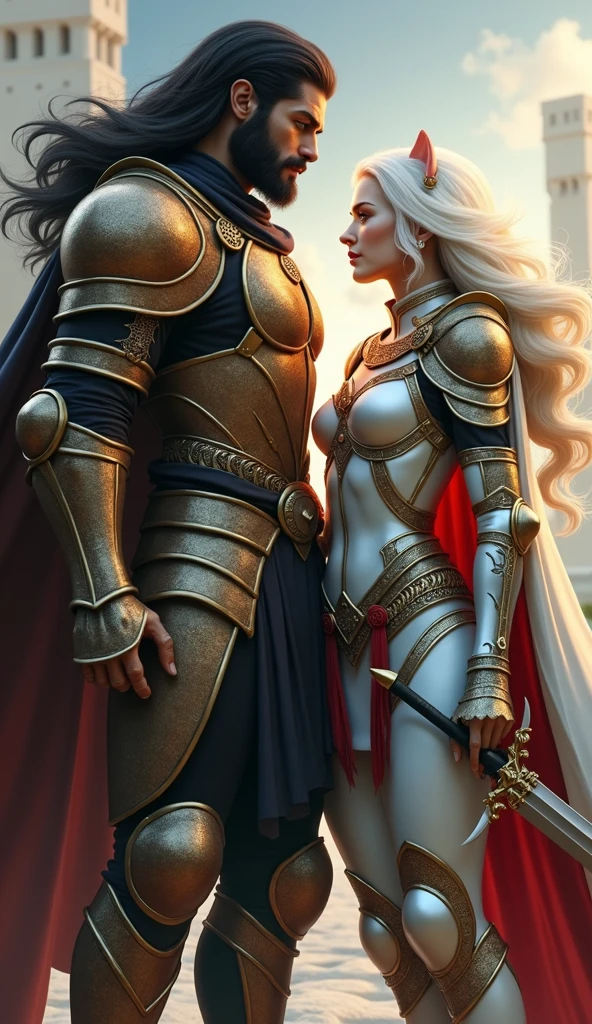 A black haired man ,very long black shiny hair, and woman with black and gold armor and a cape related to the Knights of the Zodiac, His armor will have the combination of a lion spirit and a puma and his human companion with a white armor with the spirit of a white dog