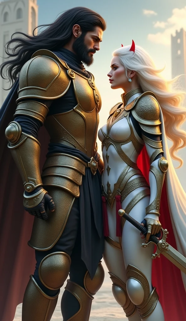 A black haired man ,very long black shiny hair, and woman with black and gold armor and a cape related to the Knights of the Zodiac, His armor will have the combination of a lion spirit and a puma and his human companion with a white armor with the spirit of a white dog