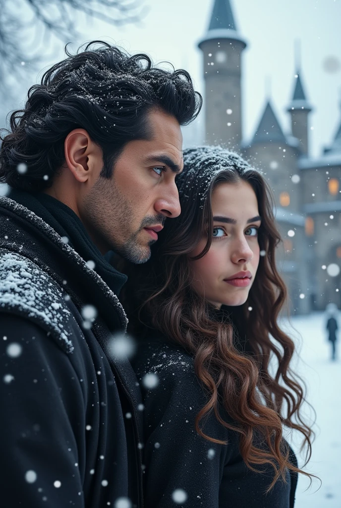 Book cover destiny traced actor Can Yaman big hair black actress curly hair there is a teenager daughter eleven year old couple straight black hair castle snow Christmas 