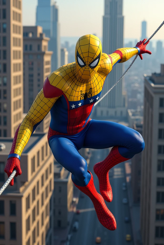 Create a Venezuelan Spiderman and the suit the color of the Venezuelan flag with white stripes and swinging on a spider web through the buildings of New York