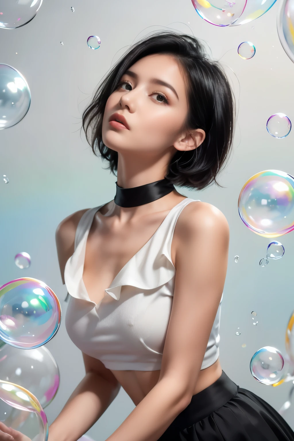 ((Top quality, 8K)), (Actual colorful bubbles), (Face Focus: 1.1), (White and black: 1.3), Kawaii girl, short hair,
Hair blowing in the wind, Facing sideways, Looking up at your face, Close your eyes, (sleeveless: 1.1)、skirt, D cup breasts,Countless soap bubbles