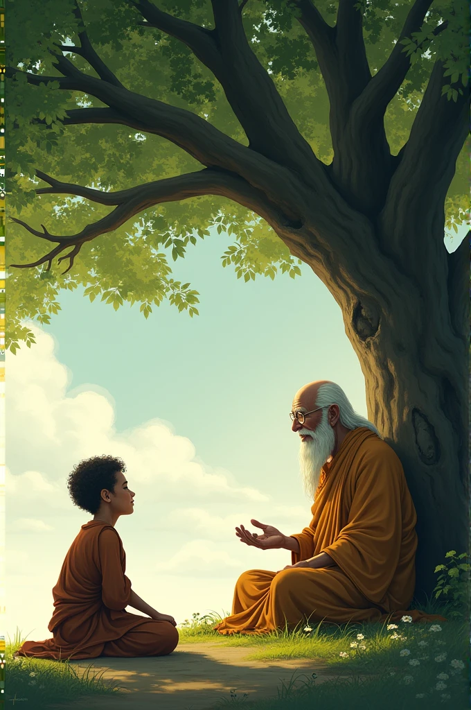"A wise, elderly guru with a kind expression sits under a large, ancient tree, talking to the student. The guru is dressed in simple, traditional attire. The student, sitting on the ground with folded hands, looks attentive and hopeful, seeking guidance. The setting is serene, with the guru's wisdom symbolized by the lush greenery around them."