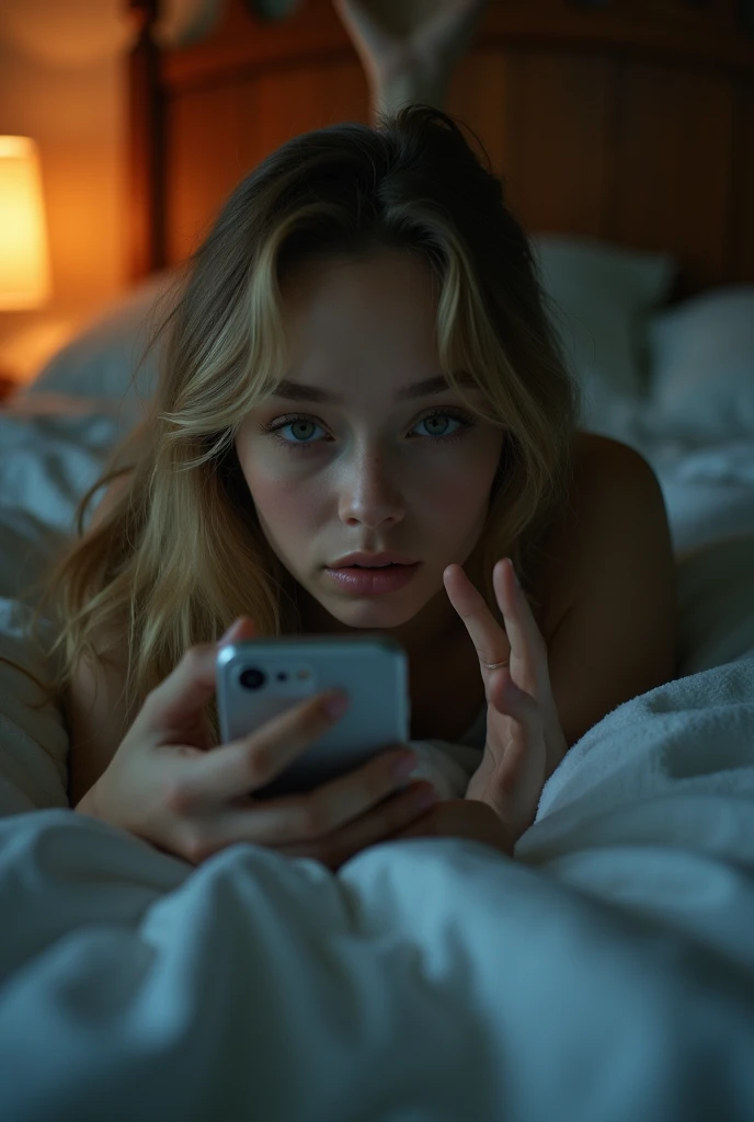 1girl, 2, blonde hair, lying on her back in bed, her arm extended upwards holding a smartphone close to her face as if taking a selfie, her fingers making a peace sign near her face, serious expression, casual top, hair spread out on the pillow around her head, dimly lit room with a warm glow from a bedside lamp, soft shadows on her face, close-up angle from her perspective, capturing the intimate and quiet mood of a selfie taken at night, ultrarealistic, high resolution, best quality, intricate details, highly detailed, very sharp focus, realistic skin texture, 8k