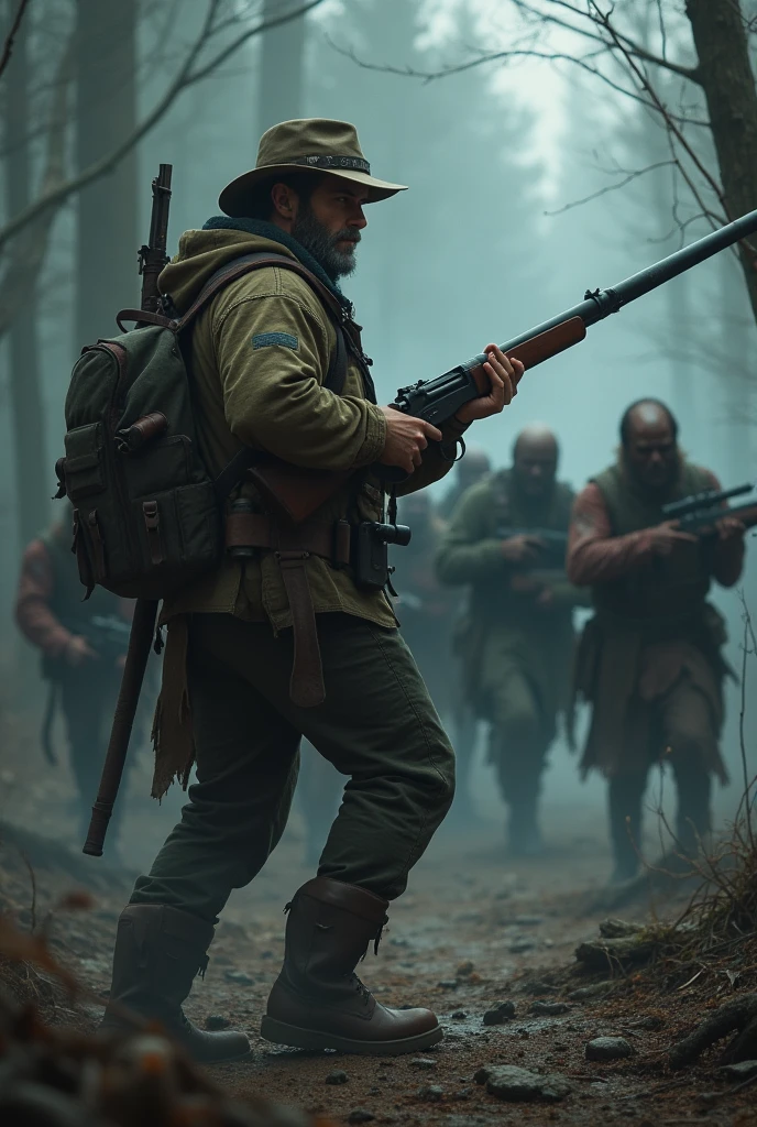 Create a lost hunter with a rifle fighting dead bodyguards