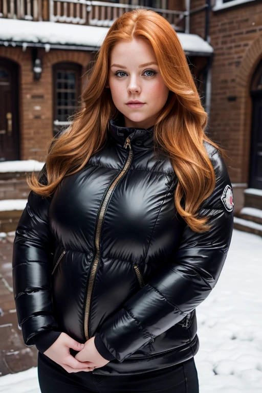 Medium view, of young aged, face portrait, Scandinavian features,long hair, extremely fat, very fat, chubby, ginger hair, high quality, pretty, gorgeous, busty, curvy, fat, overweight, beautiful, tight black leather moncler puffer jacket, in cozy college courtyard,