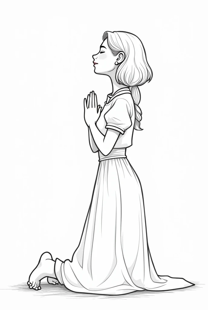 Create an illustration to color. coloring picture. imagem de Boken de ilustração. no shading.Wonder praying, on your knees with your eyes closed. Decent Clothing, long skirt full body image. white background, with nothing. Imagem uncoloredes, disney pixar style drawing. Masterpiece artwork, best qualityer, hight contrast, uncolored, Boken , style cartoon, Sketch style, black and white without shading, uncolored, no shadow, style cartoon, line art,