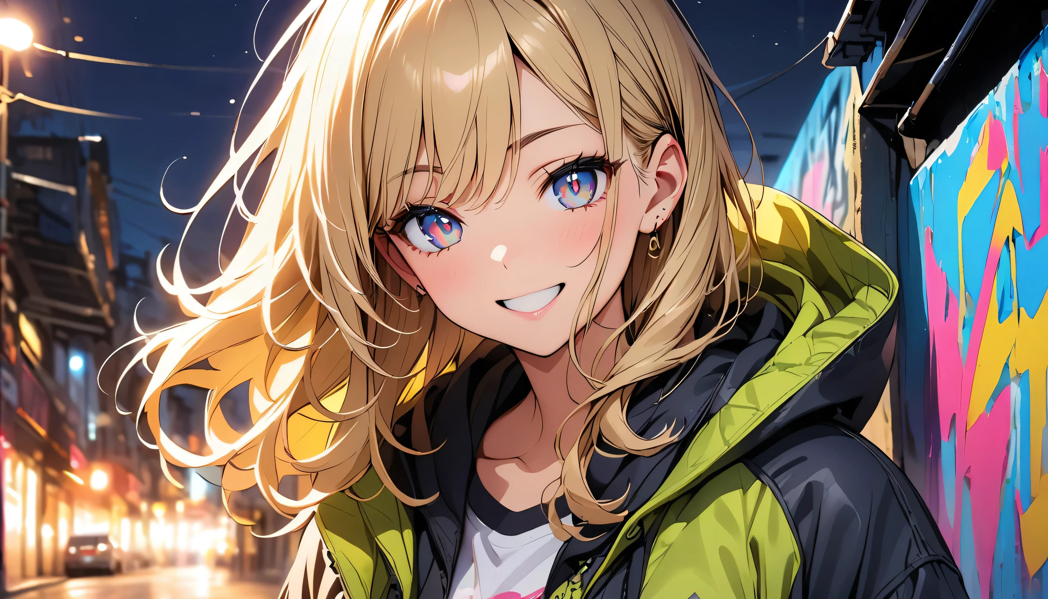 Detailed Background, masterpiece, Highest quality, smile, ornament, hoodie, Portraiture, Yellow neon, graffiti, dark, night, Shining Eyes, Black light