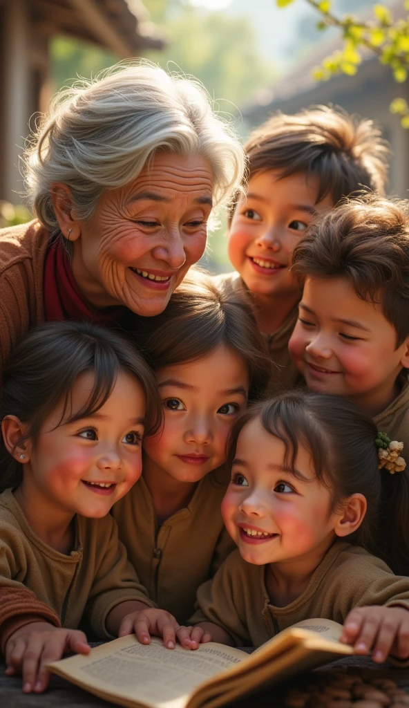 A group of young, cheerful children, dressed in simple clothes, playing and laughing around the old woman. They are captivated by her stories, their faces lit up with joy and innocence. The children represent the simplicity and purity of happiness that comes from love and connection rather than material wealth.