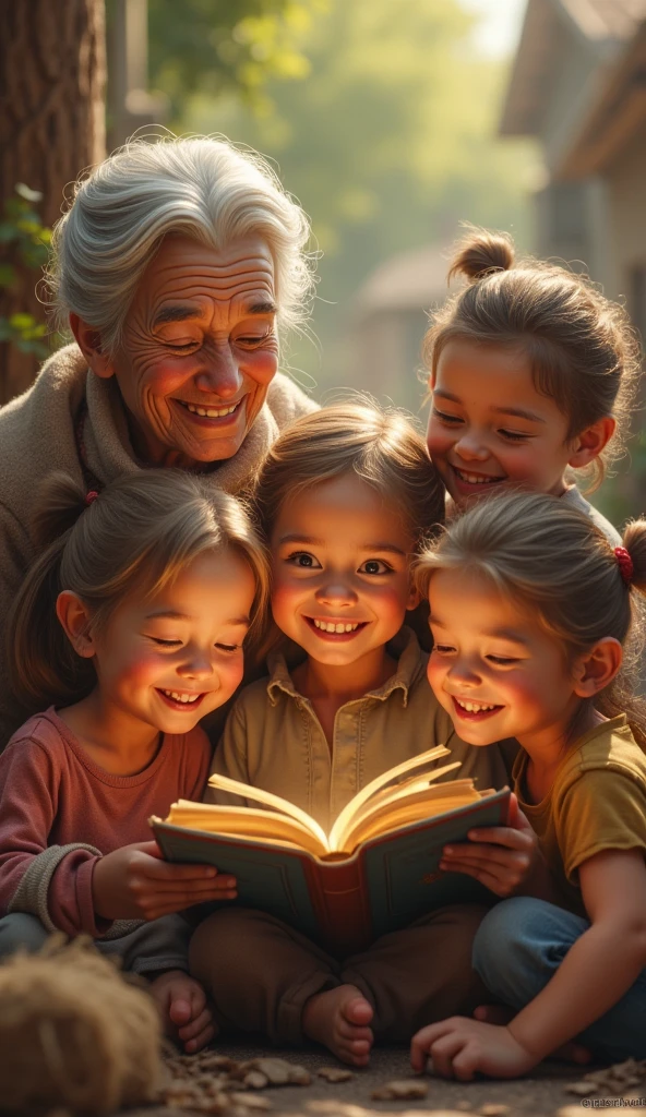 A group of young, cheerful children, dressed in simple clothes, playing and laughing around the old woman. They are captivated by her stories, their faces lit up with joy and innocence. The children represent the simplicity and purity of happiness that comes from love and connection rather than material wealth.