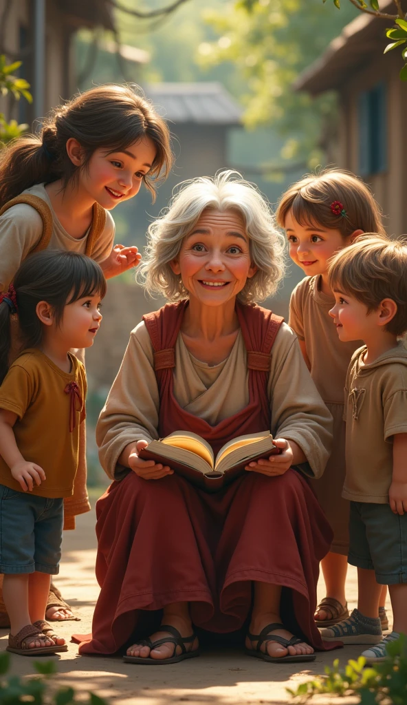 A group of young, cheerful children, dressed in simple clothes, playing and laughing around the old woman. They are captivated by her stories, their faces lit up with joy and innocence. The children represent the simplicity and purity of happiness that comes from love and connection rather than material wealth.