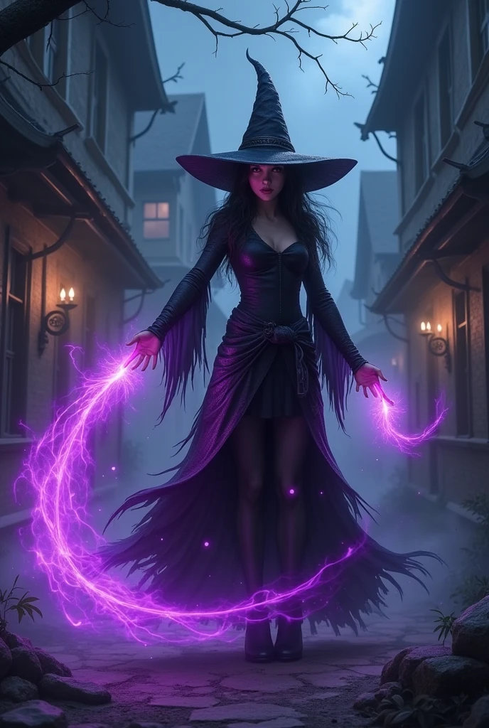 magic SEXY witch , purple ray, dark VILLAGE, night