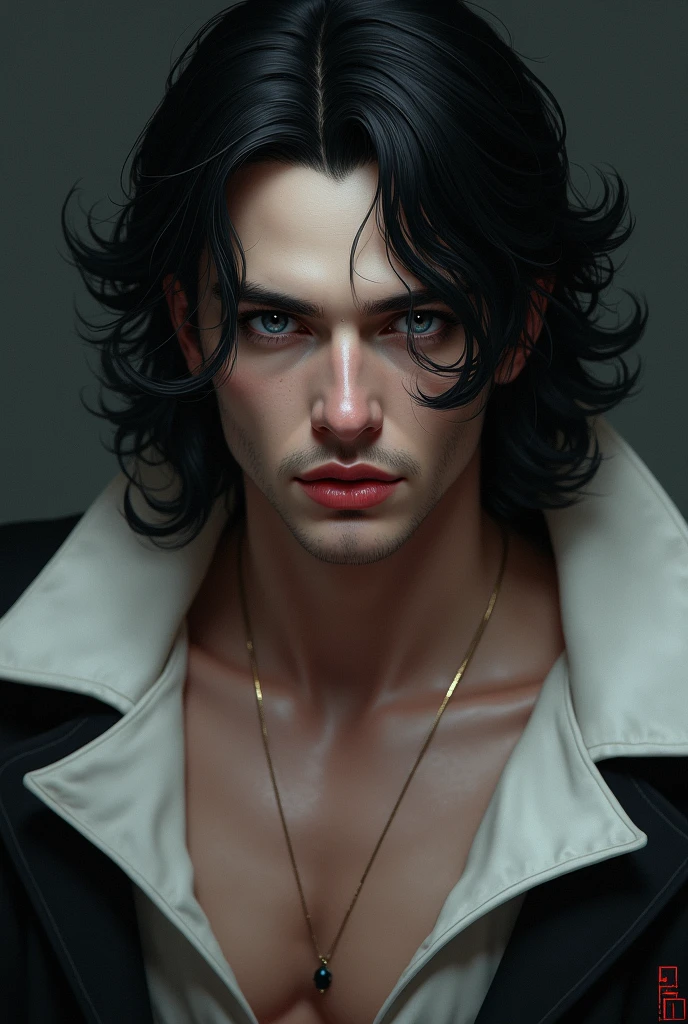 naughty man , skin as white as snow, raven black hair, deep blue eyes, big red lips, defined jaw, slightly highlighted cheekbones, defined body