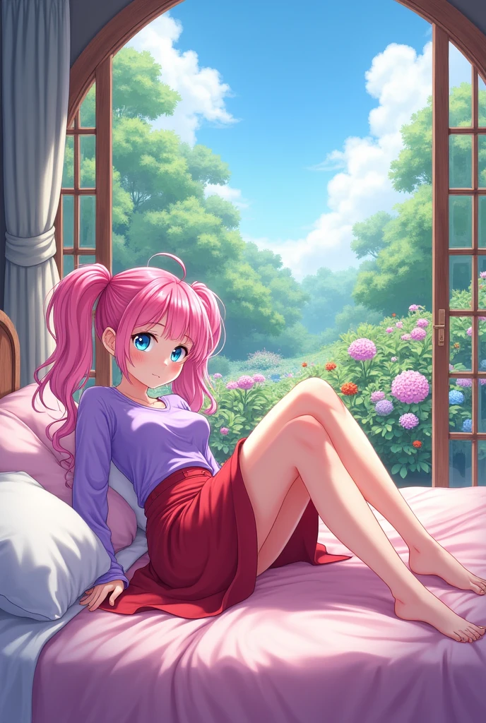 Draw me a female character, pink hair with two pigtails, blue eyes, red skirt and purple shirt. anime style. It is on a bed and behind it a large window that shows a flower garden..