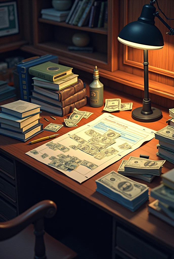 table with money scattered around and books on the table