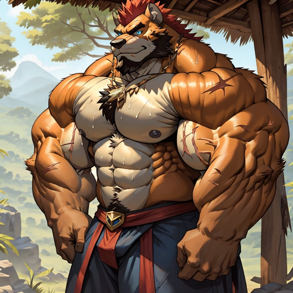 sweaty, muscular, upper body, rainy, rain forest, hairy, anthropomorphic, chest, hair, serious face,（Scar on face）, Mature,（Blue eyes）, Huge, muscular, ripped, abs, wild, dwarf, braided beard, red hair, mohawk hair, armor, tribal_armor, wide_chest,wide_body,wide_torso,big_arms,big_body, intimidating,nullghost_art_style, comicbook_art, detailed, HD, 4k,upper_body,body_shot,face_focus, good looking, male, anthro, ultradetailed, muscular, solo, bareness, rippling muscles, muscles, Topless， Houses in the Stone Age， hairy， personification， chest hair， Serious face（scars in the face） Mature （blue eyes）Huge muscle ripped abs wild, full_body, tribal armor, Perfect Anatomy, HDR,8K,(withe_fur), anime,full-body,perfect_arms,detailed_hands,big_hands, strong, hands, topless, visible_pecs,visible_abs, mohawk, withe_hair, brute, muscular,big_arms, veiny