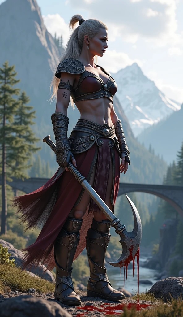 A 3D render of a God of War gameplay live session thumbnail. ATHENA is in the foreground, Athena Gods of War, medium shot, holding his axe high in the air. The axe has blood dripping from it. The background reveals a Nordic landscape with mountains, trees, and a bridge. The text "God of War gameplay live full" is placed at the bottom.