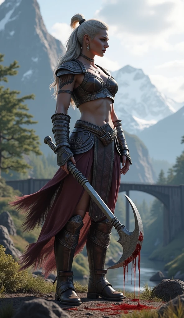 A 3D render of a God of War gameplay live session thumbnail. ATHENA is in the foreground, Athena Gods of War, medium shot, holding his axe high in the air. The axe has blood dripping from it. The background reveals a Nordic landscape with mountains, trees, and a bridge. The text "God of War gameplay live full" is placed at the bottom.