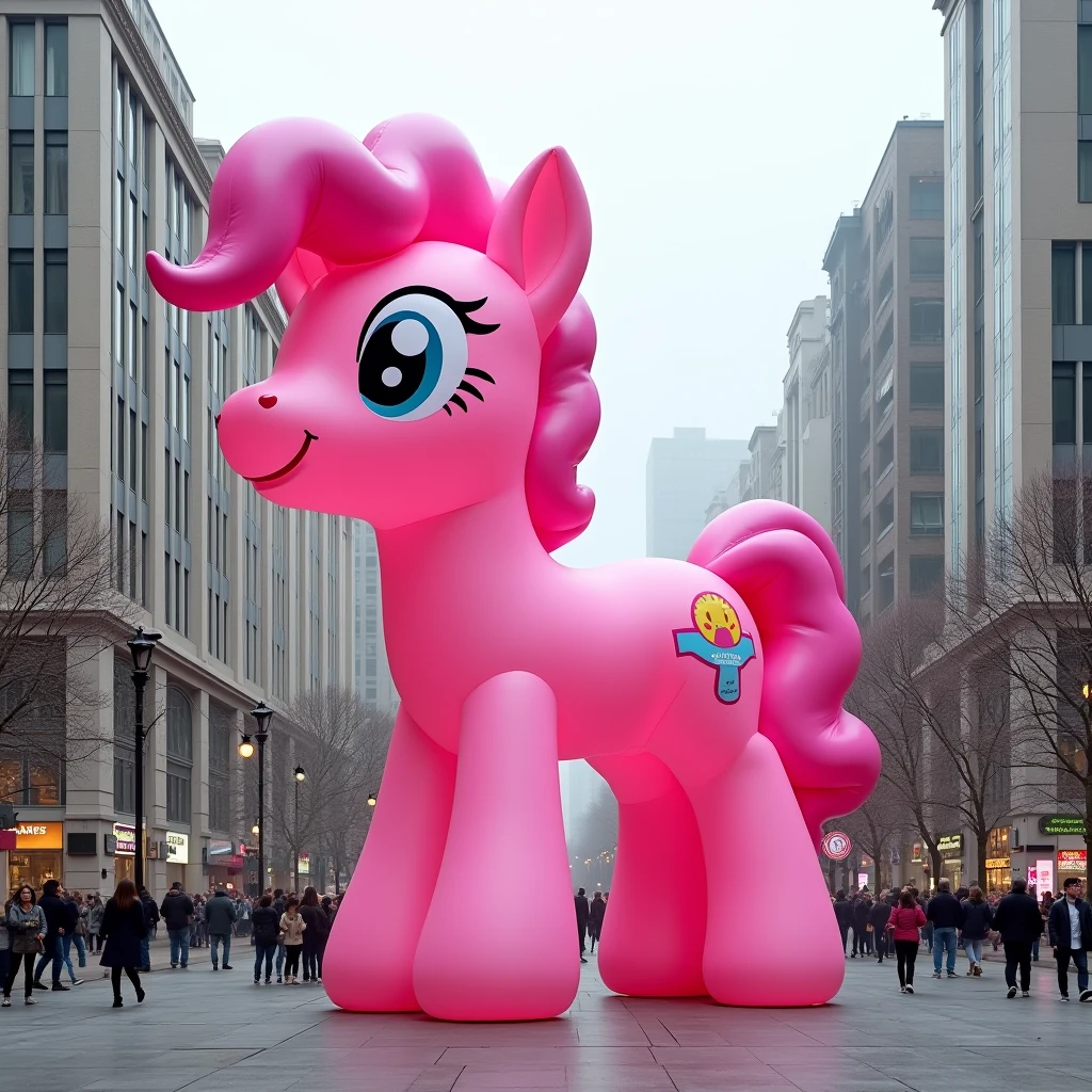 a giant pink pony blow-up doll on a square , (Practical, RAW photos, Ultra-fine transparent), Practical Light, city and street background 