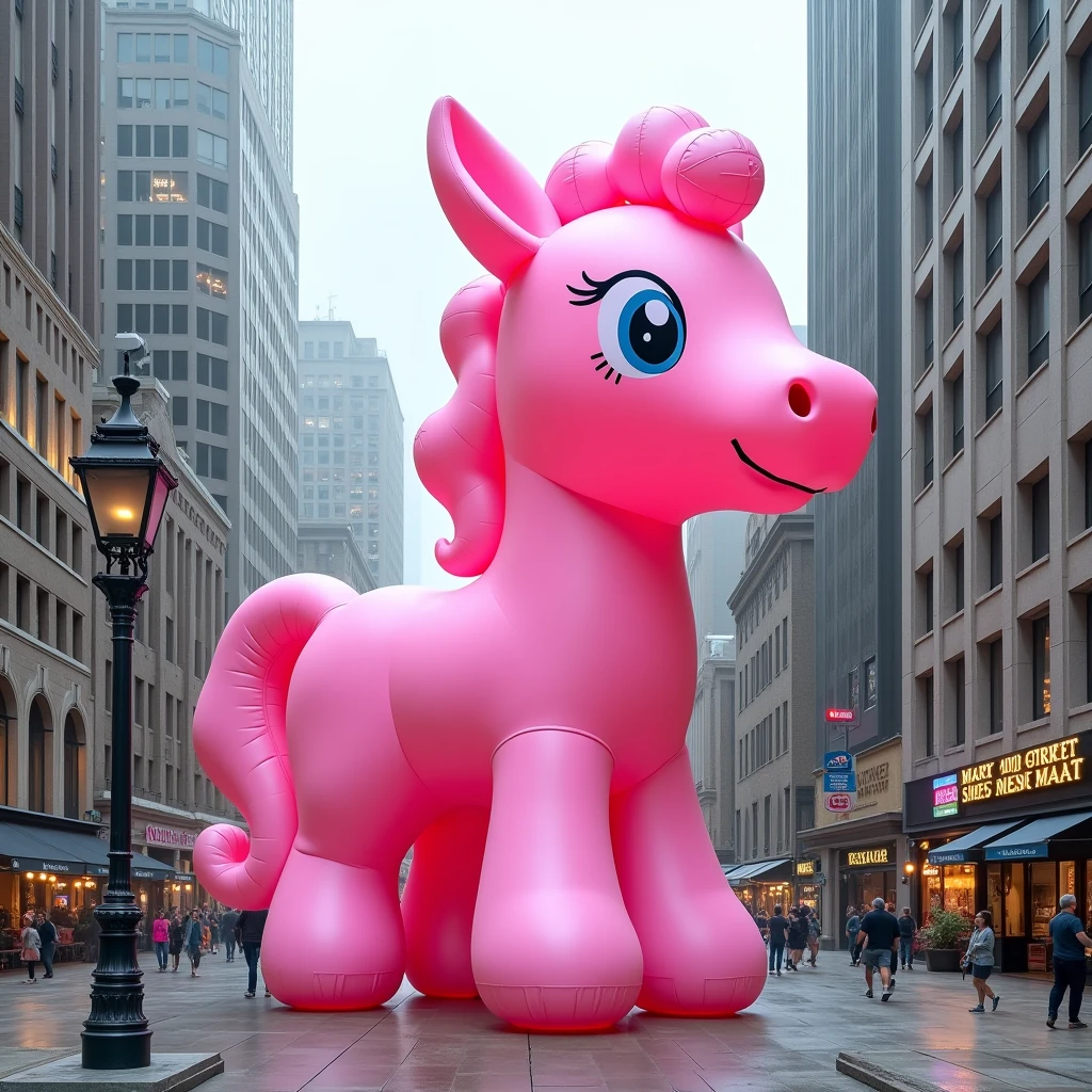 a giant pink pony blow-up doll on a square , (Practical, RAW photos, Ultra-fine transparent), Practical Light, city and street background 