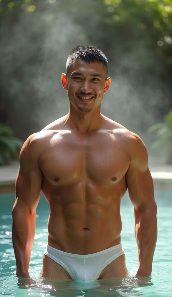 young Asian man 20 years old , buzz cut hairstyle, black hair, short hair details, burly handsome man ,naked ,White thong with large bulges, strong, handsome, outdoor, Take a steam shower., hot spring, Onsen, sweat, look at the audience., depth of field, Bokeh, Detailed background, Detailed light, diffuse natural sunlight, Skin glows naturally., symmetrical eyes, Big smile