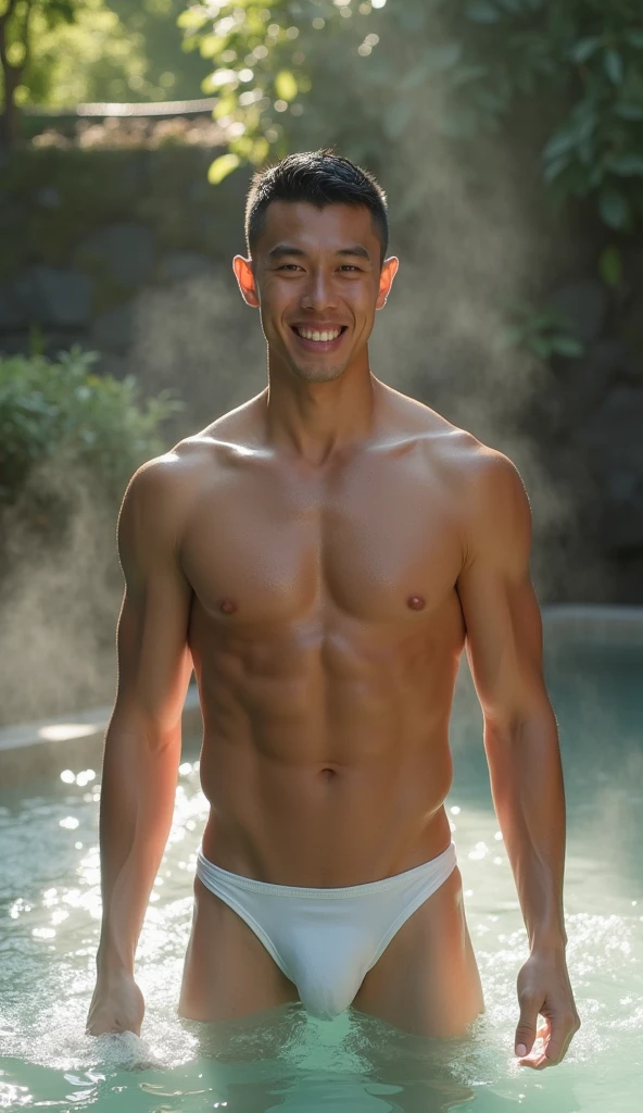 young Asian man 20 years old , buzz cut hairstyle, black hair, short hair details, burly handsome man ,naked ,White thong with large bulges, strong, handsome, outdoor, Take a steam shower., hot spring, Onsen, sweat, look at the audience., depth of field, Bokeh, Detailed background, Detailed light, diffuse natural sunlight, Skin glows naturally., symmetrical eyes, Big smile
