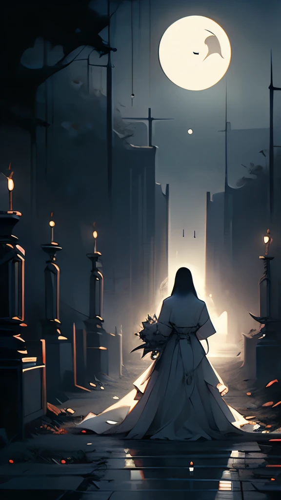 a picture taken from a cemetery at night with a ghost walking in the cemetery, a matte painting inspired by Gustave Dore, cgsociety contest winner, gothic art, hauntingly beautiful art, la llorona,  bride art style, gothic wraith maiden, luthien, style of esao andrews, beautiful depiction, michael whelan and gustave dore