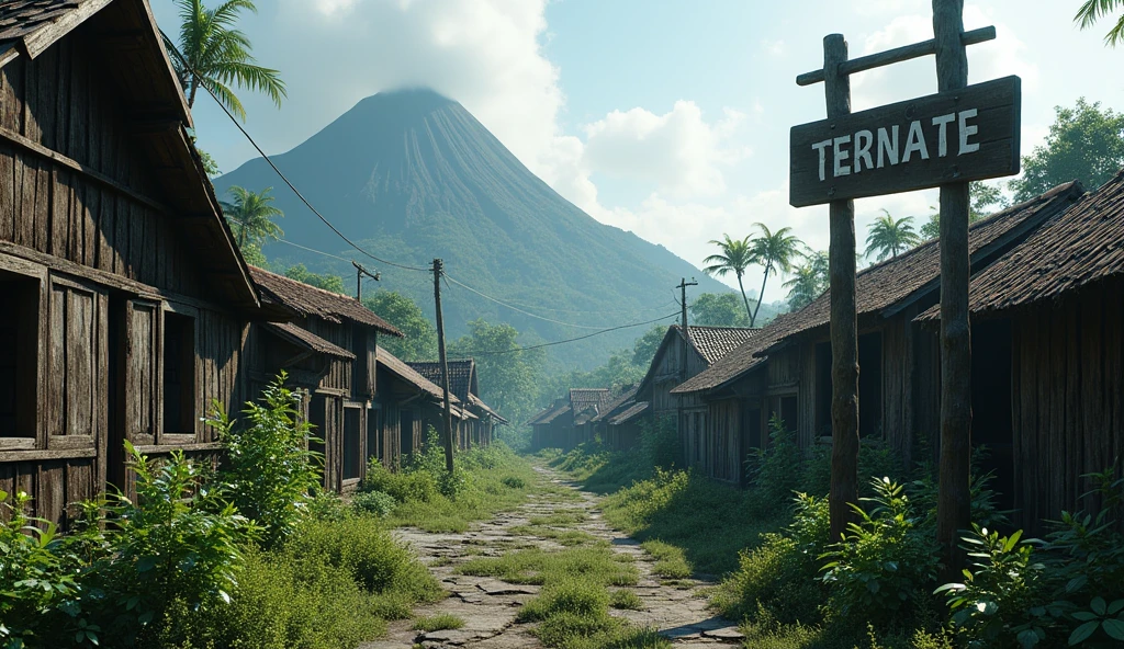 Village from Very ancient Ternate island, Maluku, Indonesia, there is a signpost that says "TERNATE", there is no peoples, hyper realistic, UHD, 64K