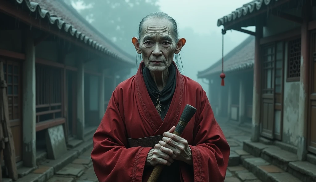Top quality, masterpiece, old oriental shabby house background, 500 year old oriental female monk Beopjang, holding a book of law and a staff, old oriental background, detailed image texture, creepy, horror, creepy atmosphere (not AI image), cloudy weather, fog, low color image, creepy, character filling the screen, image from various angles, delicate skin expression, wrinkled skin, bloodless skin (grayish), wearing complex red clothes, reciting a spell, Beopjang monk with heavy white makeup, wearing monk's clothes