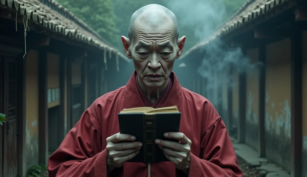 Top quality, masterpiece, old oriental shabby house background, 500 year old oriental female monk Beopjang, holding a book of law and a staff, old oriental background, detailed image texture, creepy, horror, creepy atmosphere (not AI image), cloudy weather, fog, low color image, creepy, character filling the screen, image from various angles, delicate skin expression, wrinkled skin, bloodless skin (grayish), wearing complex red clothes, reciting a spell, Beopjang monk with heavy white makeup, wearing monk's clothes